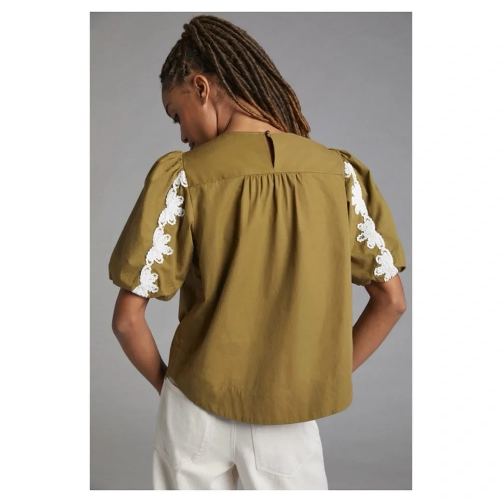 NWOT Anthropologie Appliqué Top in Olive  Size Medium_2